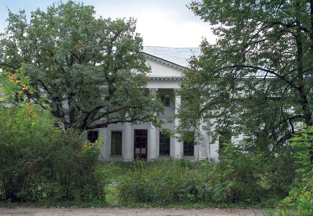 Кроны вековых деревьев скрывают классический дом подмосковной усадьбы Петровское