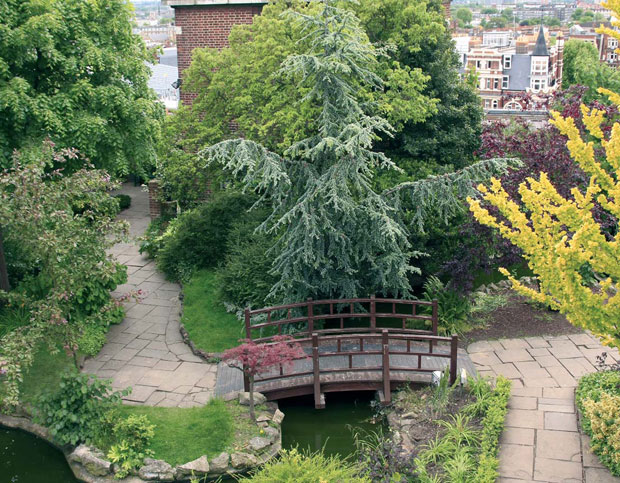 Пейзажная часть сада на крыше здания